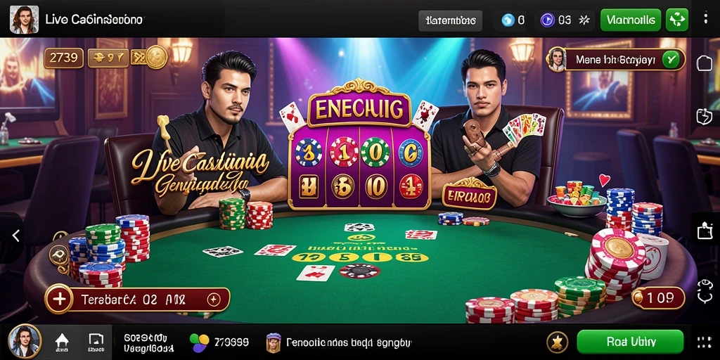 Screenshot menunjukkan dealer profesional di meja permainan Live Casino.